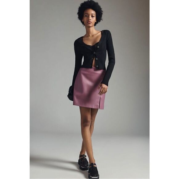 NEW By Anthropologie Micro Mini Vegan Faux Leather Side Slit Mini Skirt Size 2 - Picture 2 of 4